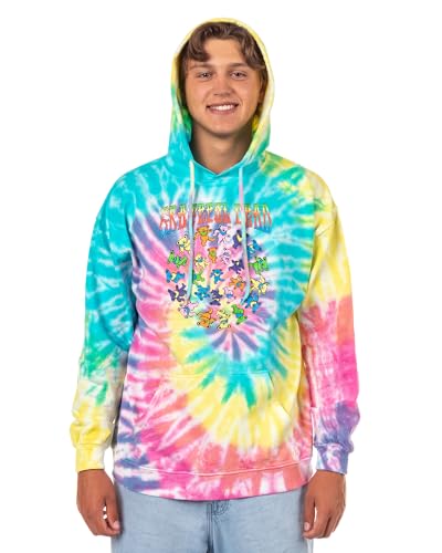 Bioworld Grateful Dead Hoodie Mens Rainbow Spiral Tie Dye Dancing Bears Hooded Pullover Sweatshirt (X-Large)