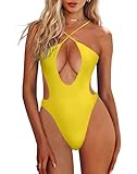 HYPERFIRE Women's Sexy Criss Cross Halter Bathing Suit Cut Out Backless Monokini Swimsuits One Piece Neon Yellow Small