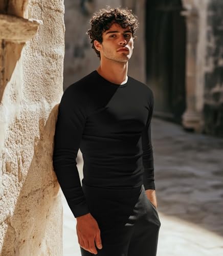 Men's Sport Undershirt, Athletic Thermal Base Layer, Crewneck Long Sleeve Top Slim Fitted Workout Tshirt3