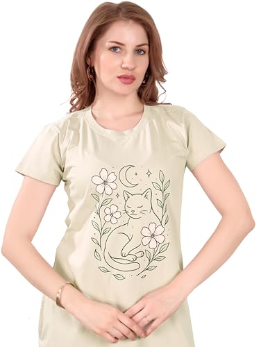 Image of Printed Knee Length Pocket Night Dresses for Women | Cat Lovers | Premium Soft Cotton Nighty | Sky Blue