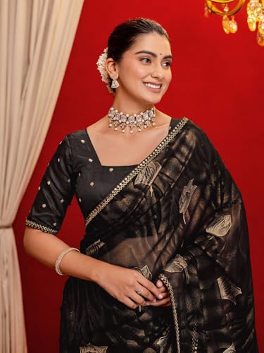 Image of SIRIL Women's Georgette Foil Printed Saree with Unstitched Blouse Piece