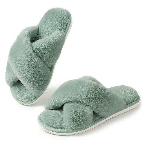 Image of Ankis Women's Fuzzy Slippers Cross Band Memory Foam Open Toe Comfy Soft House Shoes Anti-Slip Indoor Outdoor Gifts for Women