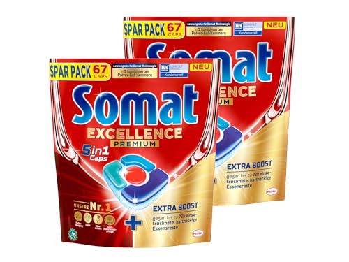Somat Excellence Premium 5 en 1 Caps, 268 Caps (2 x 134 Caps), pastillas para lavavajillas de liberación rápida con Extra Boost, Somat Caps eliminan incluso 72 h de restos de comida secos y