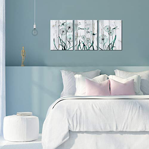 Welmeco 3 Pieces Teal Flowers Canvas Wall Art Abstract Dandelion With Dragonfly Picture Rustic Wood Texture Giclee Prints Stretched Ready To Hang For Modern Living Room Bedroom Kitchen Bathroom Housewarming Gift #TOP3