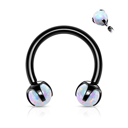 Amelia Fashion 16 Gauge Claw Set Opal Internally Threaded 316L Surgical Steel Horseshoes for Cartilage, Daith, Eyebrow, Septum and More (Choose Color) (Black/Opal White)