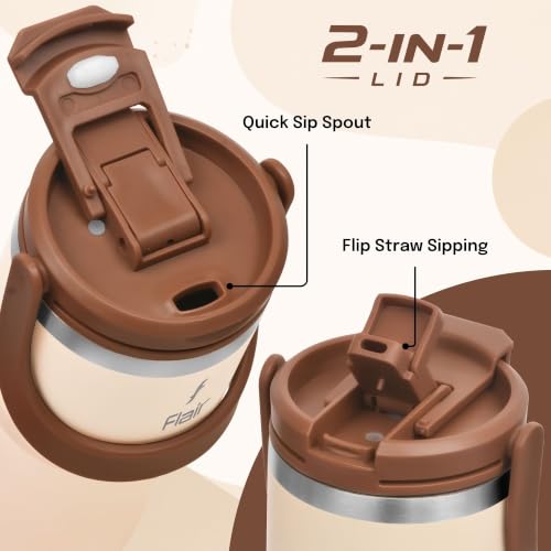 Image of FLAIR Rage Vacuum Insulated Coffee Tumbler 500 ml Beige | 2-in-1 Lid (Straw & Sip)| 304 Double Wall Stainless Steel | Leak-Proof Lid | Hot & Cold Travel Mug with Handle | BPA-Free