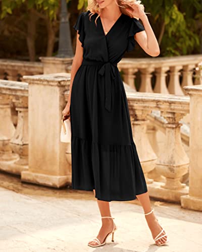 Image of BTFBM Women Summer Bohemian Floral Casual Wrap V Neck Ruffle Cap Sleeveless Belt A-Line Pleated Hem Midi Sun Dress White