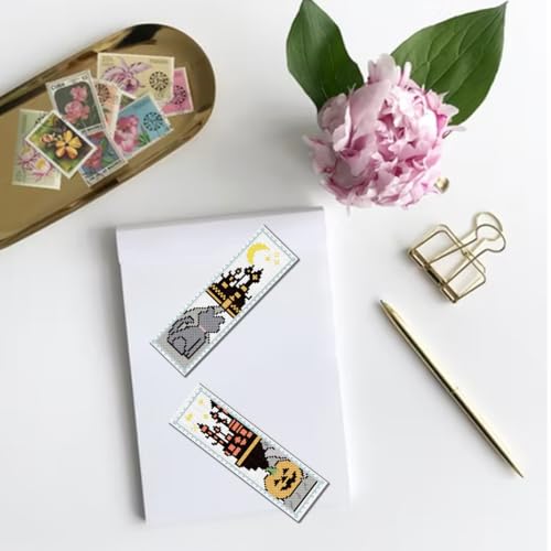 Image of FREEBLOSS 6 Set Cross Stitch Bookmark Kit Halloween Embroidery Bookmarks Stamped Embroidery Bookmark with Instruction Counted Cross Stitch Kit for Gift Adults 8''x2.4''