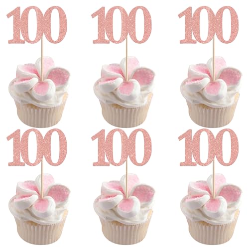 Rsstarxi 36 Pack Number 100 Cupcake Toppers Glitter Cheers to 100 Years Birthday Cupcake Picks Decoration for Happy 100th Birthday Wedding Anniversary Party Cake Decorations Rose Gold