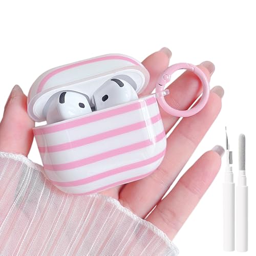 Image of MINSCOSE for AirPods 4 Clear Case,Cute Stripes Aesthetic Pattern Design with Trendy Keychain Ring,Soft TPU Anti-Drop Shockproof Protective Cover with Cleaner Kit for Girls Women-Pink