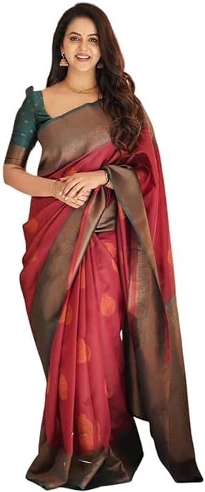Indian Women’s Kanjivaram Soft Lichi Silk Saree with Blouse Piece | Traditional Wedding & Partywear Saree | Festive & Indian Gift Item | Maroon (Pack of 1)
