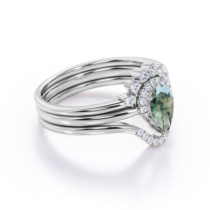 Aihpos Natural Moss Agate Ring Set for Women - 1.0 Carat Pear Cut Moss Agate Bridal Rings Set Green Moss Agate Wedding Trio Ring Sets 10K 14K 18K Gold Promise Ring Set3