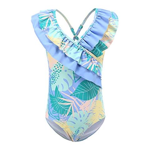 Girls One Piece Swimsuits Striped Rainbow Bathing Suit Swimwear, Leaf Ruffle Cross, 10-12 Years Cover