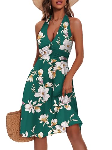 HUHOT Casual Summer Dress Womens Dresses for Wedding Guest Halter Women Resort Wear Date Outfits with Pockets Beach Vacation Semi Formal Elegant White Flowers Spring Short Petite Sundress