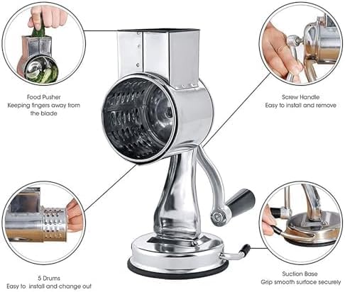 Rallador de alimentos de acero inoxidable, cortador manual de verduras con cuchillas versátiles para queso, frutas y nueces, ideal para cocinar y preparar comidas, fácil de limpiar y usar
