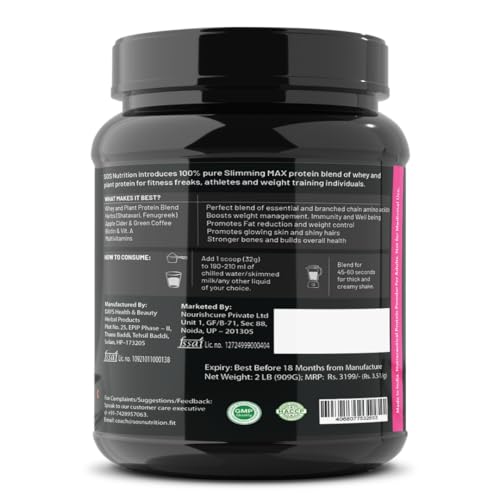 Image of SOS Nutrition Whey Protein for Women - Slimming Protein Powder for Weight Loss - Strawberry Flavor 910g - 24g Protein per Serving Plant + Whey Blend - Free BPA-Free Shaker