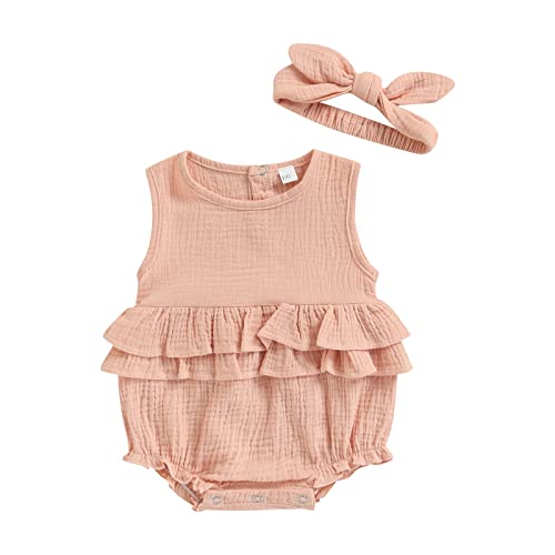 Image of Veurshop Newborn Baby Girls Summer Clothes One Piece Rompers Shorts Cute Overalls Jumpsuit Outfit Headband (Pink,0-3 Months)