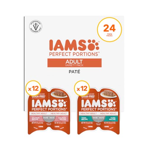 IAMS Perfect Portions Sensitive Digestion & Skin Wet Cat Food Pate Healthy Adult Grain Free Pate Salmon and Tuna Recipes (24) 2.6 oz. Variety Twin-Pack Trays