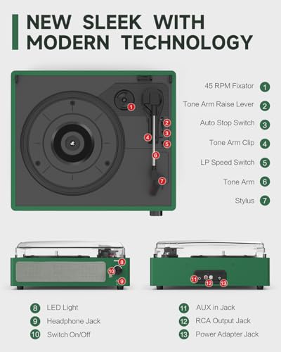 Image of Vinyl Record Player with Speakers Belt-Driven Turntable, Emerald Green