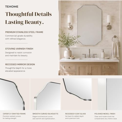 Image of TEHOME Polished Nickel Scalloped Bathroom Mirror, 24x36'' Polished Nickel Asymmetrical Bathroom Vanity Mirror for Wall