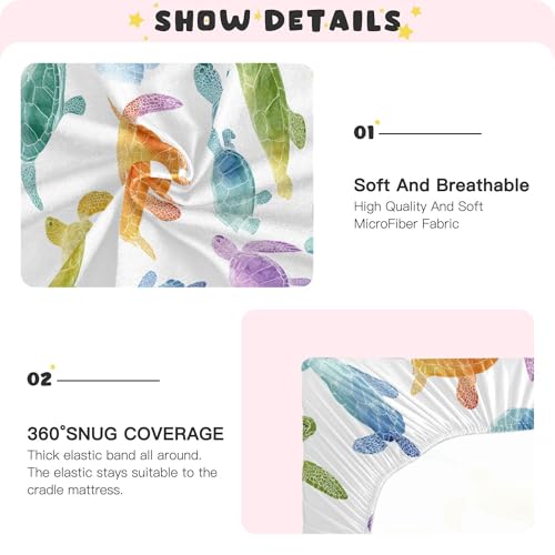 Image of Colorful Sea Turtles Crib Sheets Soft Breathable Fitted Baby Crib Sheets Mattress Cover for Girls Boys, 52 inch x 28 inch x 9 inch