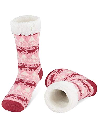 LIVACASA Warm Slipper Socks Fuzzy Fluffy Cozy Soft Winter Christmas Fleece-Lined Slipper Socks for Women Girls with Grippers Pink