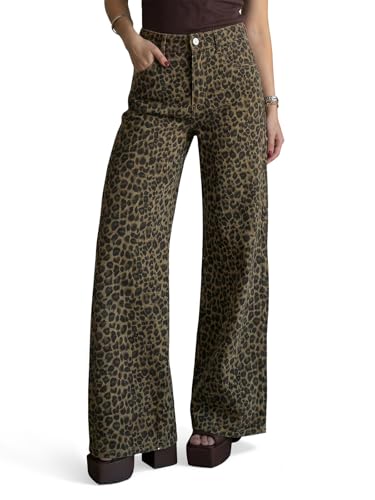 Cicy Bell Womens Wide Leg Jeans High Waisted Leopard Baggy Stretchy Denim Pants with Pockets