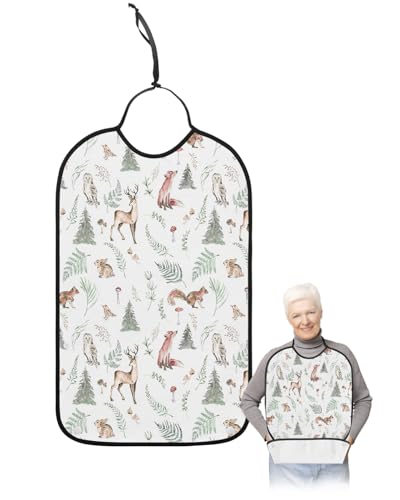 LEOKOTI Christmas Adult Bibs for Eating, Waterproof Bibs with Food Catcher & Adjustable Snap Closure, Green Xmas Tree Elk Fox Squirrel Mushroom Washable Clothing Protectors Adult Bibs for Elderly