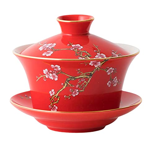 Image of 10oz Large Gaiwan, Ceramic Teacup -Embossed Plum Patterns (Red)