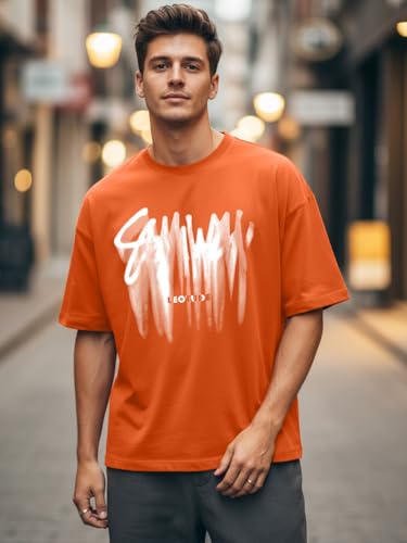 Image of LEOTUDE Oversized Full Sleeve Cottonblend Graphic Printed Round Neck Drop Shoulder Tshirt for Man (Color Mustard)
