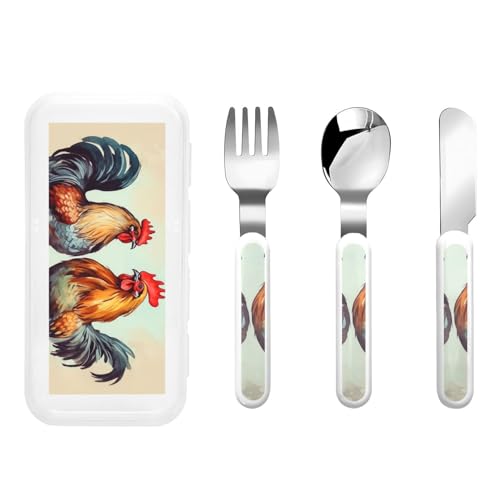 Stainless Steel Kids Silverware Set, Rooster And Hen Utensil Set Reusable Children Safe Knife Spoon Fork Set With Storage Case Dishwasher Safe For Lunch, Travel Outdoors