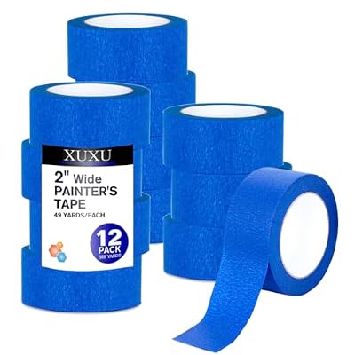 XUXU Blue Painters Tape, 2 Inch Masking Tape Bulk Set of 12 Rolls for Multi-Surface, Produce Sharp Lines, Residue-Free 588 Yards Total