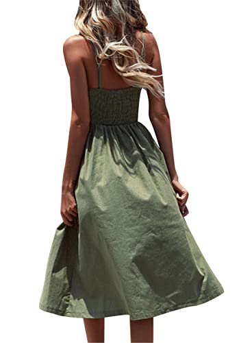 Image of YMING Womens Summer Spaghetti Strap Dresses Button Down Floral Sundress High Waist Swing Midi Dress with Pockets