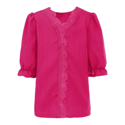 Girls V Neck Cotton Linen Shirts Puff Short Sleeve Blouses Tween Lace Trimmed Elegant Shirts Oversized Tunic Blouses2