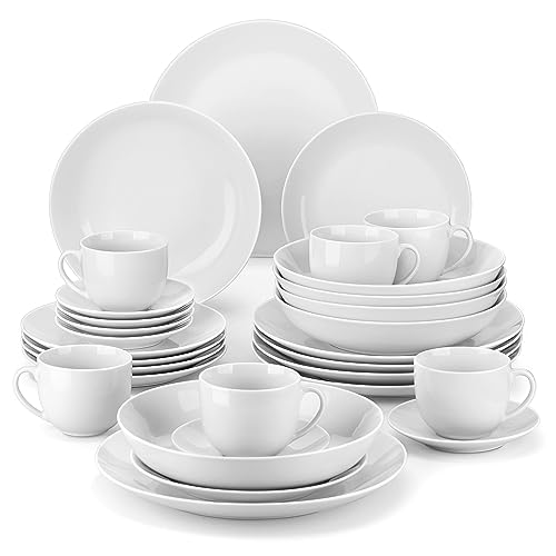 MALACASA Dinner Sets for 6 People, 30 Piece Gourmet Porcelain Plates and Bowls Set, White Dinnerware Sets with 6-Piece Dinner Plates/Soup Plates/Dessert Plates/Cup and Saucer Set, Serie Amelia