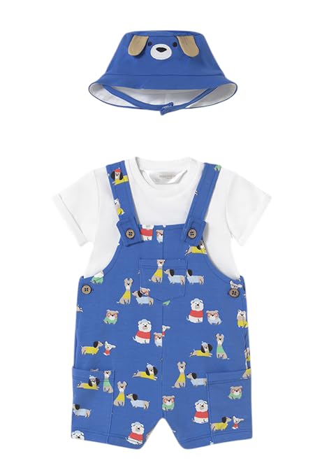 Mayoral Completo Estivo Neonato 2-4 Mesi (taglia 65 Cm) – T-shirt Verde, Salopette Bianca Con Draghetti, Cappellino Coordinato