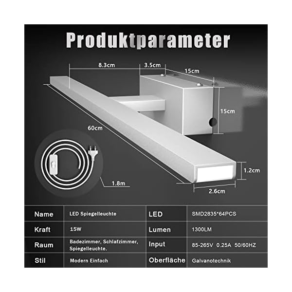 iToncs Spiegelleuchte 60CM, 1300LM Spiegelleuchte Led Bad, 6000K KaltWeiß, Einfarbig, Spiegellampe Badezimmer Lampe mit… – Bild 6