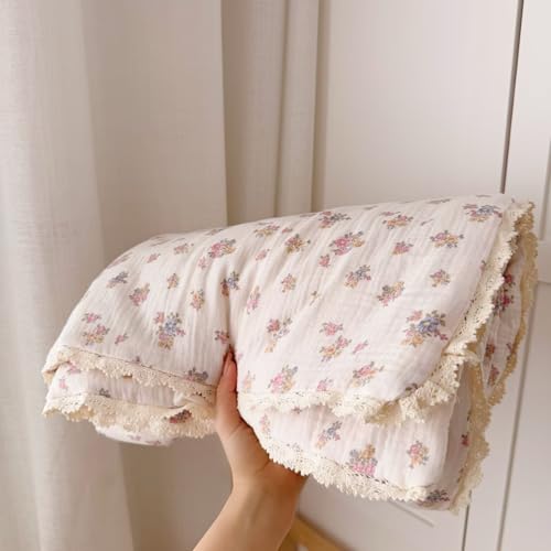 Image of BuLuTu Retro Design Tuberose Flower Quilt Blanket for Toddler Girls Chic Floral Crib Comforter Soft Gauze Toddler Bedding Lightweight Comforter for All Seasons, Machine Washable, 60x78 Inches