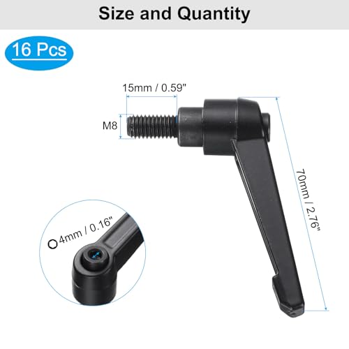 Image of uxcell 16pcs Lever Adjustable Handles M8 x 15mm Metric Male Thread, Level Clamping Handle Hand Stud Knobs Rotating Screw Handles Bolts with Locking Lever, Black
