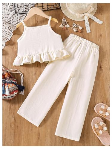 Image of WDIRARA Girl's 2 Piece Outfits Boho Floral Crochet Ruffled Sleeveless Cami Top and Wide Leg Pants