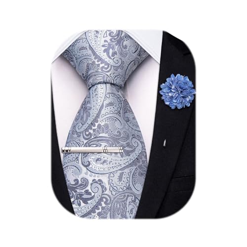 Image of Hi-Tie 63 inches Striped Paisley Extra Long Ties for Men Silk Necktie with Lapel Pin Tie Clip Big and Tall Men Formal Wedding