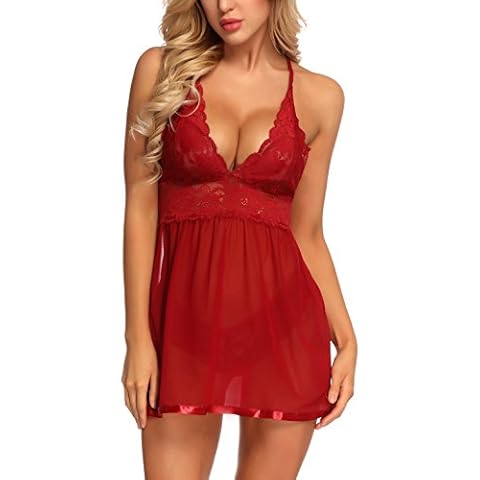 RZS Sexy Lingerie Lace Cup Babydoll Sets for Women Open Back Style Strap Dress Mesh Nightwear(Red 2XL) Cover