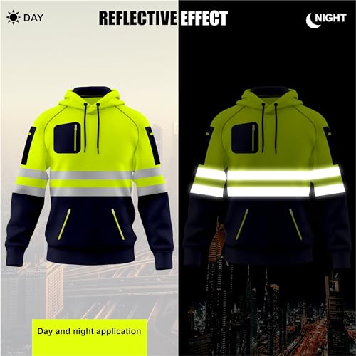 Mens Hi Vis Work Wear Pullover Hoodie Safety Sweatshirt Reflective Tape High Viz Hoodie High Visibility Sweatshirt Top Multi Zipper Pockets S-2XL - 6