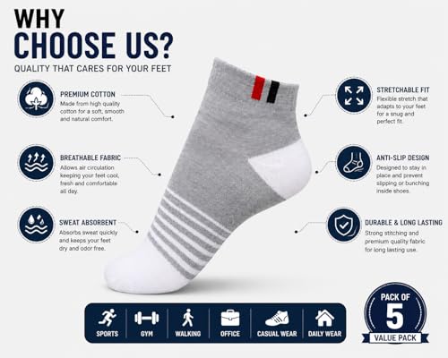 Image of Men's Ankle Length Socks Pack of 2 Pairs | Cotton Rich Sports & Casual Socks | Breathable, Sweat Absorbent, Stretchable Daily Wear Socks for Men (Free Size)