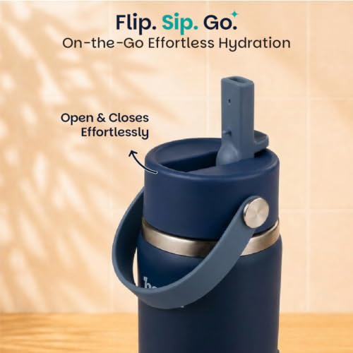 Image of Basil HydraFizz Stainless Steel Insulated Water Bottle for Kids & Adults | 800ml Leakproof Sipper Bottle with Carry Handle | Double Wall Vacuum Thermosteel Bottle for Home, Gym & Travel | Classic Navy