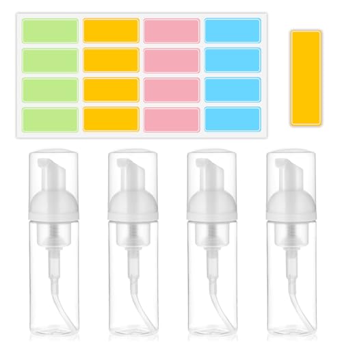 4 Piezas 50 ml Botella de Espuma, Recargables Botellas de Espuma de Viaje, Dispensador Jabon Baño Plástico Transparente, Botes para Gel y Champu Rellenables, para Viajes, Baño y Hoteles