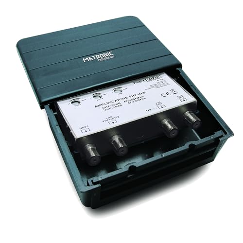 Metronic 414140 - Amplificador/Acoplador exterior VHF/UHF para TDT, compatible 5G, VHF 18 dB, UHF 30 dB, Ganancia Ajustable, 2 entradas / 2 salidas tipo F