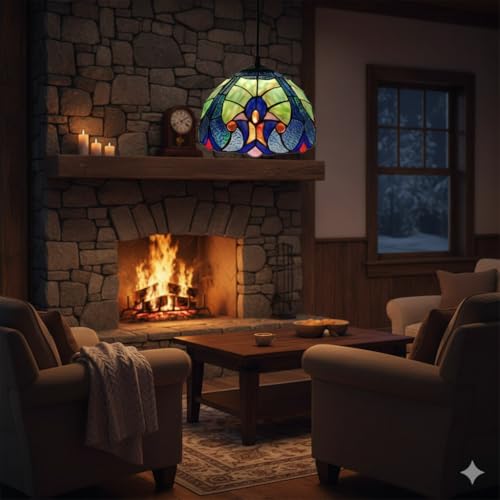 Image of Stained Glass Hanging Pendant Lamp, Blue Green Mosaic Glass Shade with Black Cord, Decorative Ceiling Light for Home & Cafe (Free Bulb) (Design - 8)