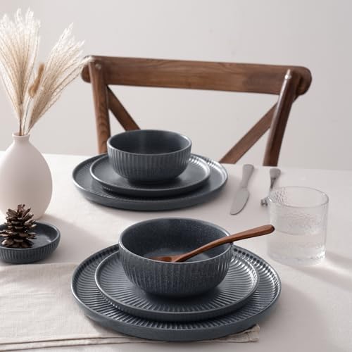 Famiware Starlight Plates and Bowls Dishes Set of 4 (12 Pieces), Ribbed Textured Stoneware Dinnerware Sets- Dishwasher & Microwave Safe, Chip Resistant, Matte Midnight Grey