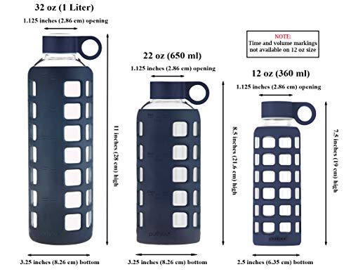 purifyou Premium Glass Water Bottle w/Time and Volume Markings Plus Ultra-Soft Silicone Sleeve & Stainless Steel Lid Insert 32/22 / 12 oz (Midnight Blue, 32 oz) - Thumbnail 3